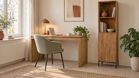 Mangohouten bureau haaks op het raam met laptop, plant en lamp, naast een smalle boekenkast