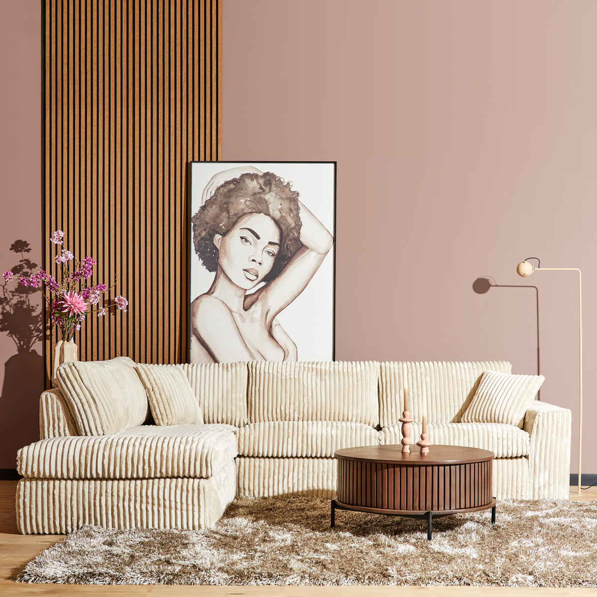 Hoekbank - Beige - Ribstof - Divan Links + 2,5-zits