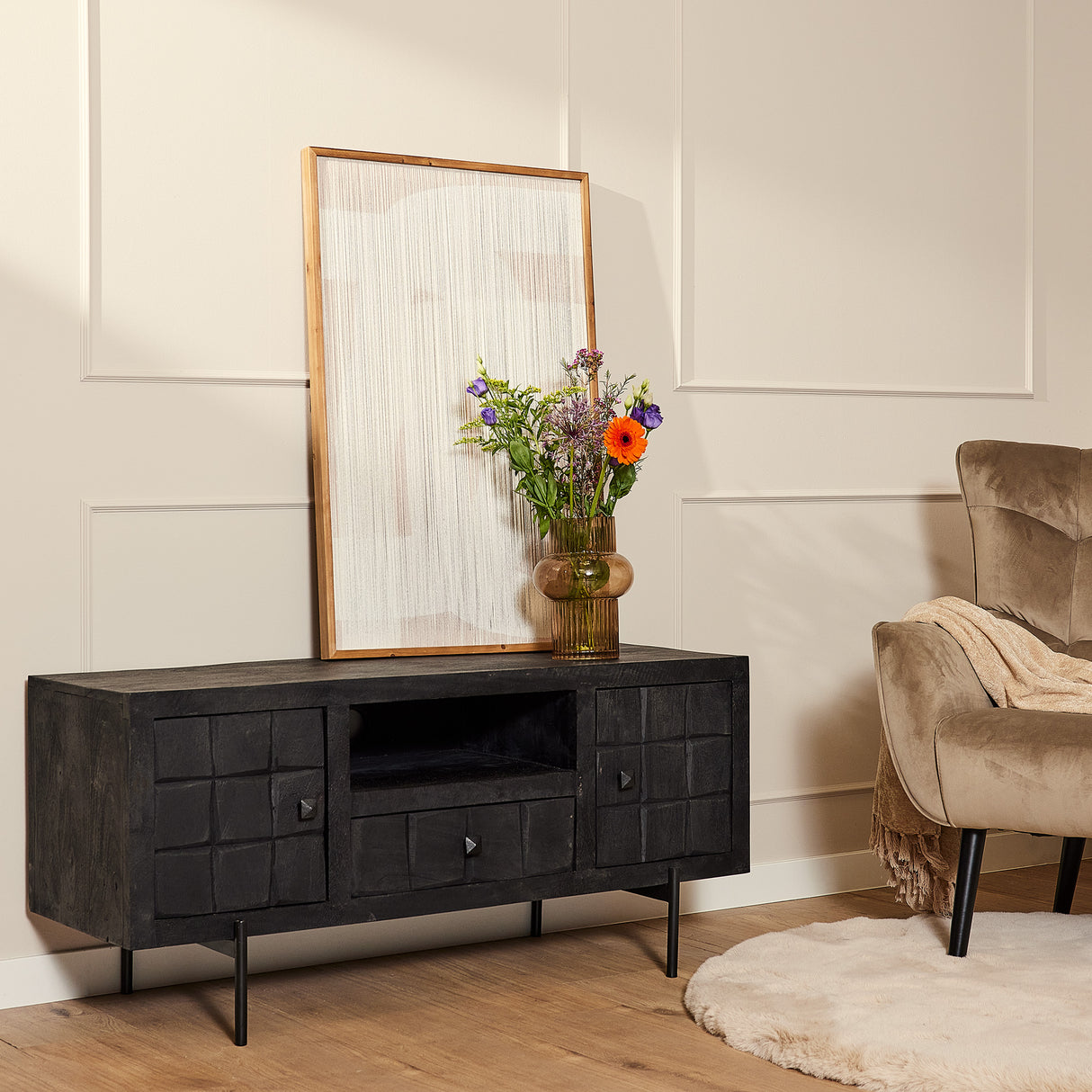 Tv-meubel - Zwart - Mangohout - Blokpatroon - 120 cm