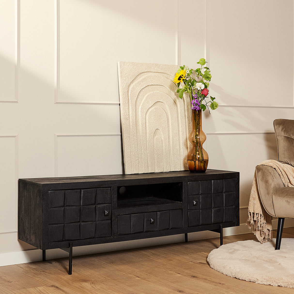 Tv-meubel - Zwart - Mangohout - Blokpatroon - 180 cm