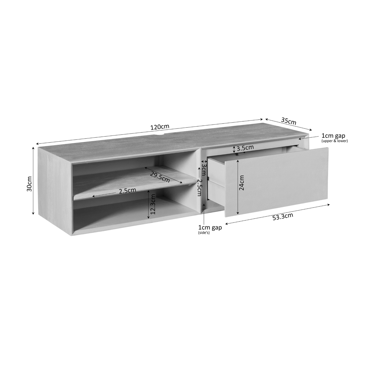 Zwevend Tv-meubel - Naturel Mangohout - 120 cm - 1 Lade & 2 Open Vakken