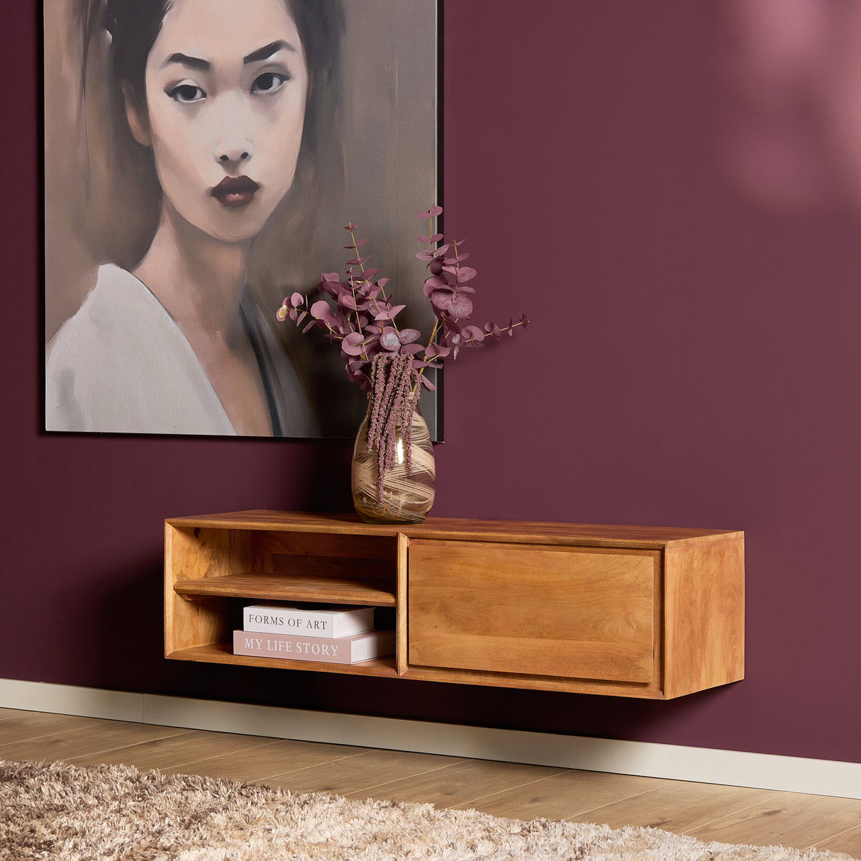 Zwevend Tv-meubel - Naturel Mangohout - 120 cm - 1 Lade & 2 Open Vakken