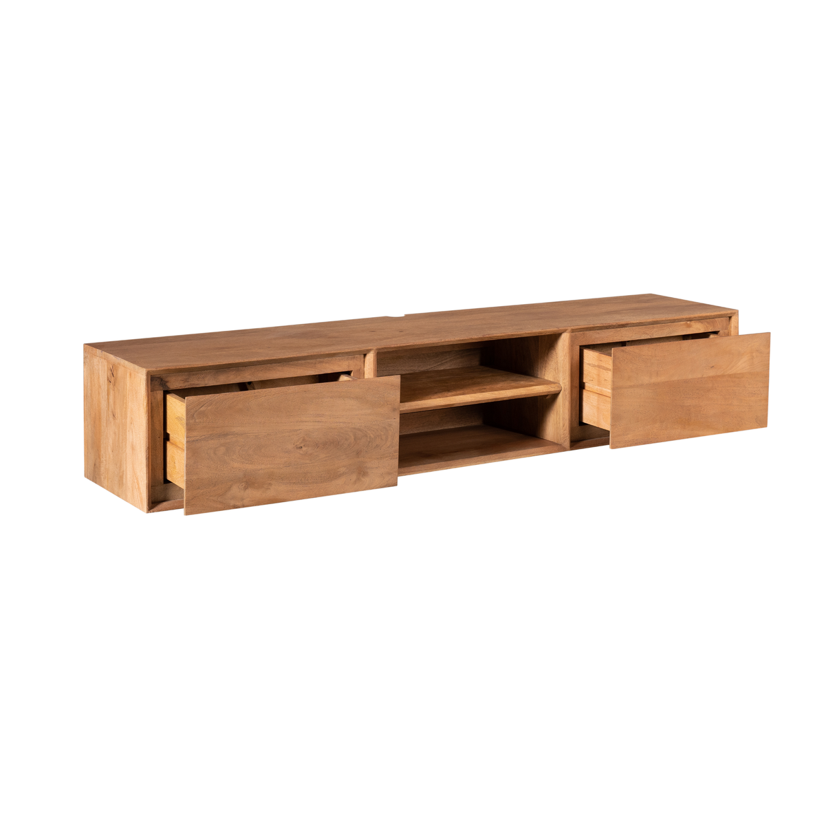 Zwevend Tv-meubel - Naturel Mangohout - 160 cm - 2 Lades & 2 Open Vakken