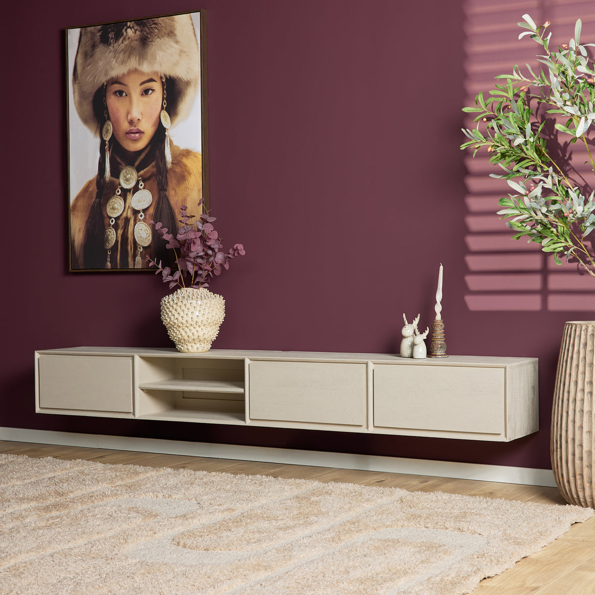 Zwevend Tv-meubel - Zand Mangohout - 240 cm - 3 Lades & 2 Open Vakken