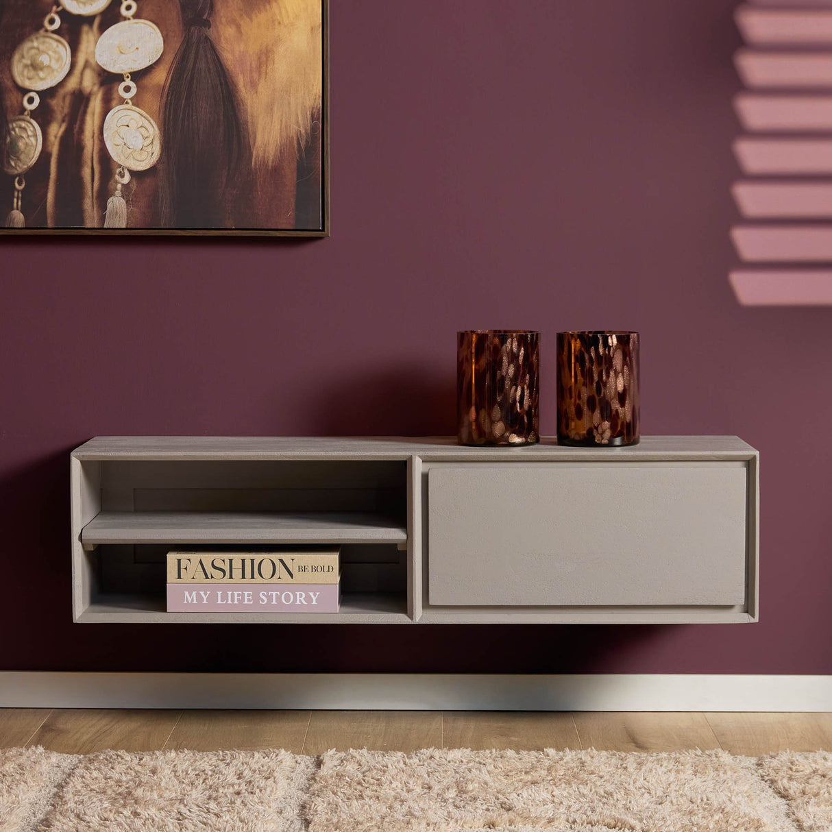 Zwevend Tv-meubel - Taupe Mangohout - 120 cm - 1 Lade & 2 Open Vakken