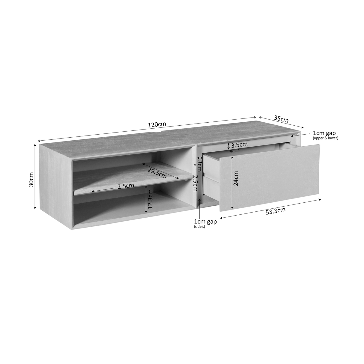 Zwevend Tv-meubel - Taupe Mangohout - 120 cm - 1 Lade & 2 Open Vakken