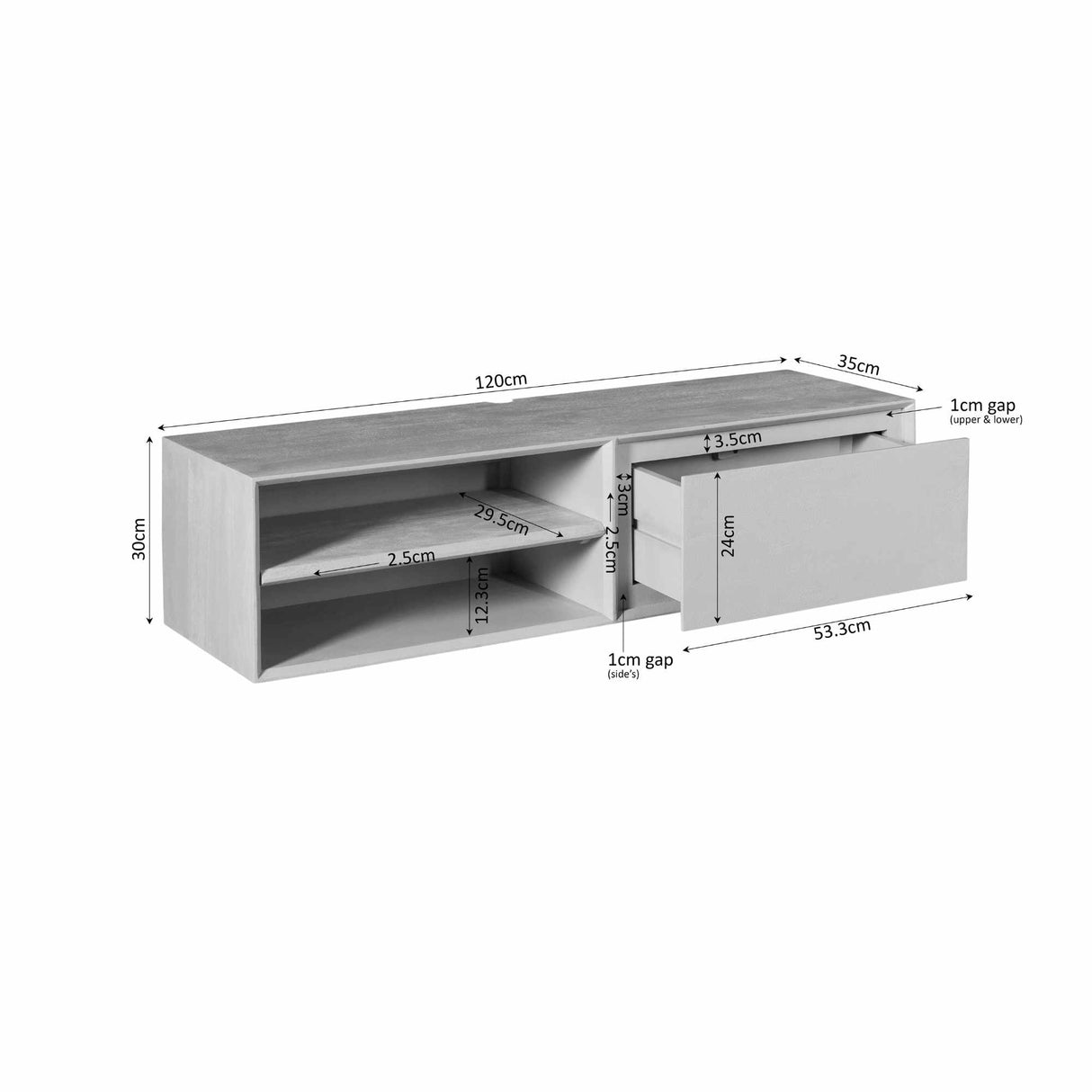 Zwevend Tv-meubel - Taupe Mangohout - 120 cm - 1 Lade & 2 Open Vakken