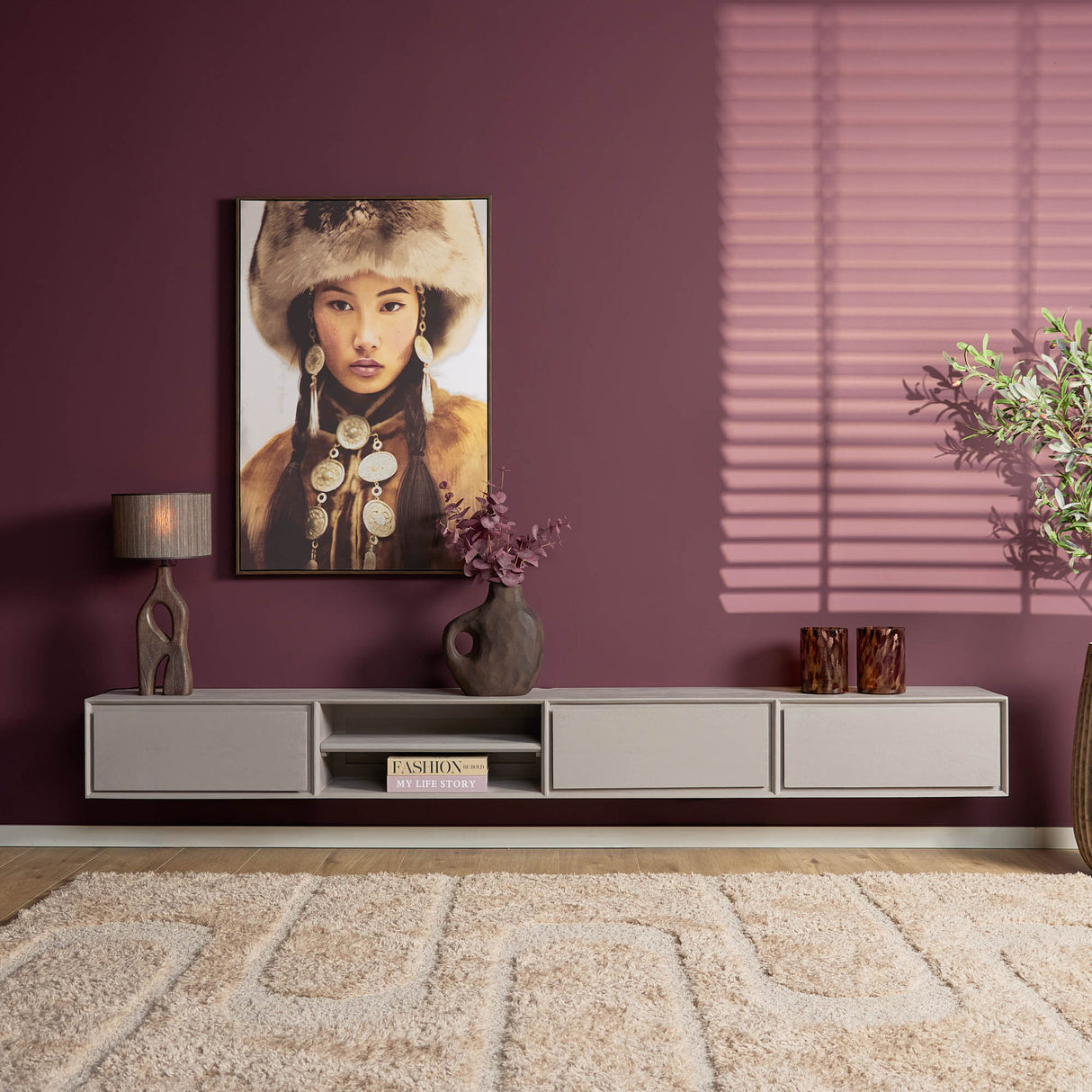 Zwevend Tv-meubel - Taupe Mangohout - 240 cm - 3 Lades & 2 Open Vakken
