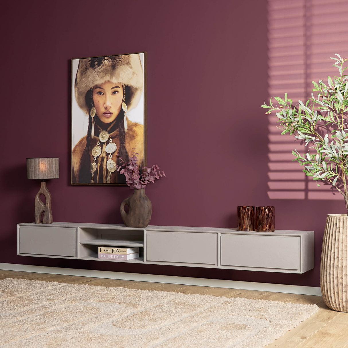 Zwevend Tv-meubel - Taupe Mangohout - 280 cm - 3 Lades & 2 Open Vakken