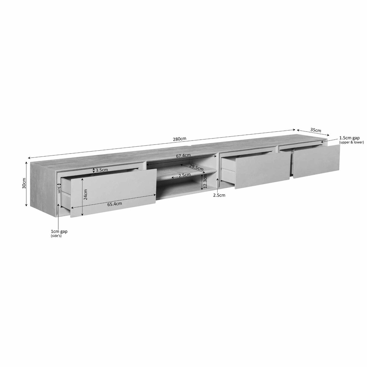Zwevend Tv-meubel - Taupe Mangohout - 280 cm - 3 Lades & 2 Open Vakken