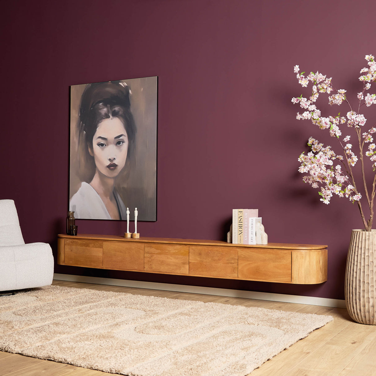 Groot Tv-meubel - Naturel Mangohout - 280 cm - Zwevend of Staand
