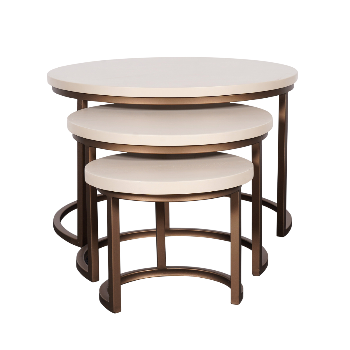 Salontafel Set van 3 - Ø 70 cm - Zandkleurig Mangohout - Bronskleurig Frame
