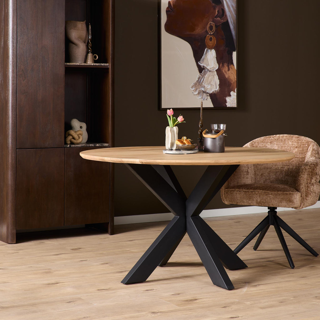 Eettafel Rond - Naturel Eikenhout - Matrixpoot - 130 cm