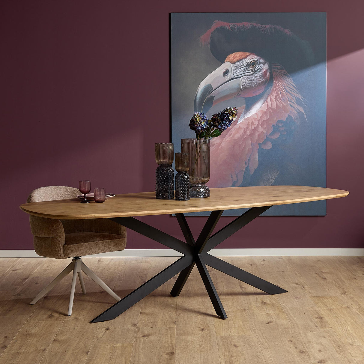 Deens Ovale Eettafel - Naturel Europees Eikenhout - 180 cm - Stalen X-Poot