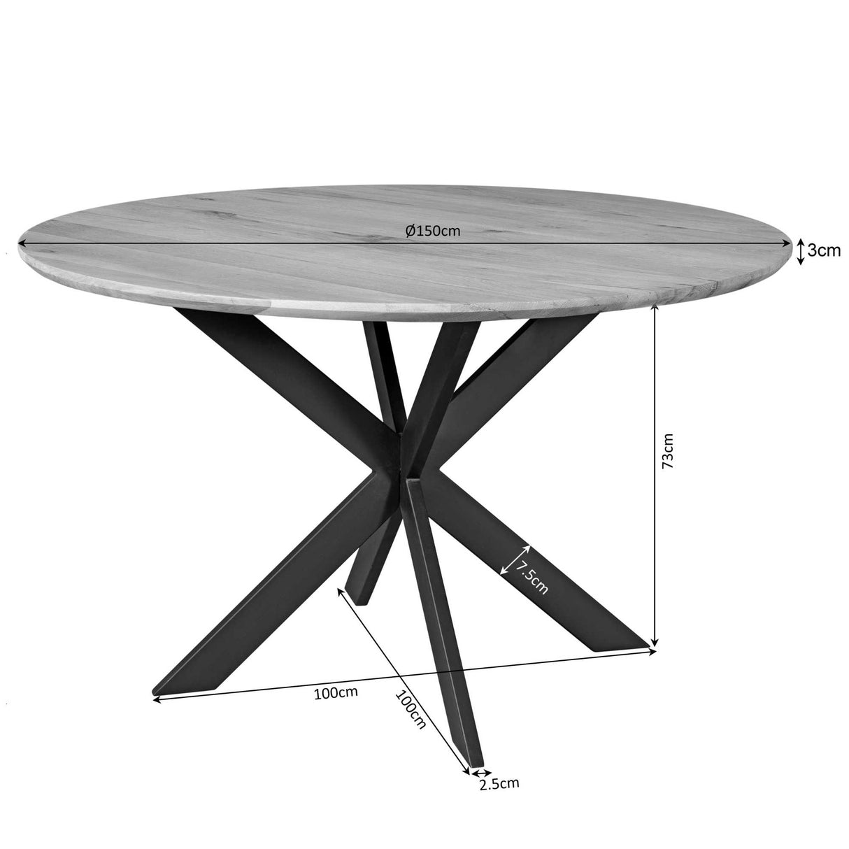 Ronde Eettafel - 150 cm - Bruin Europees Eikenhout - Zwart Stalen Designpoot
