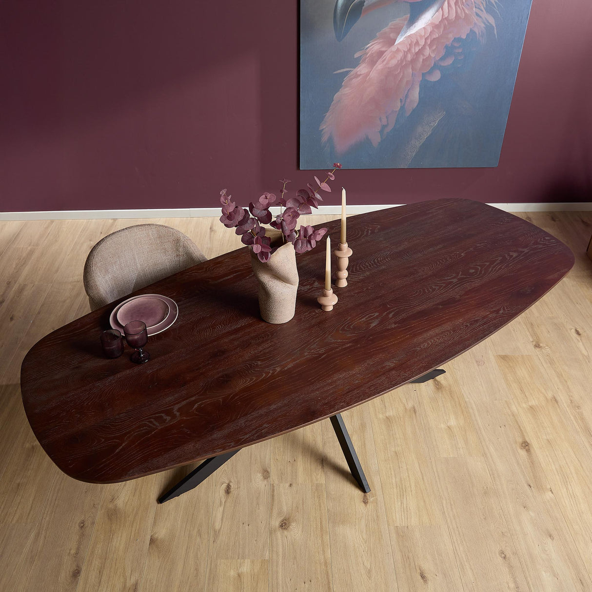 Deens Ovale Eettafel - 280 cm - Bruin Europees Eikenhout - Zwart Stalen Designpoot
