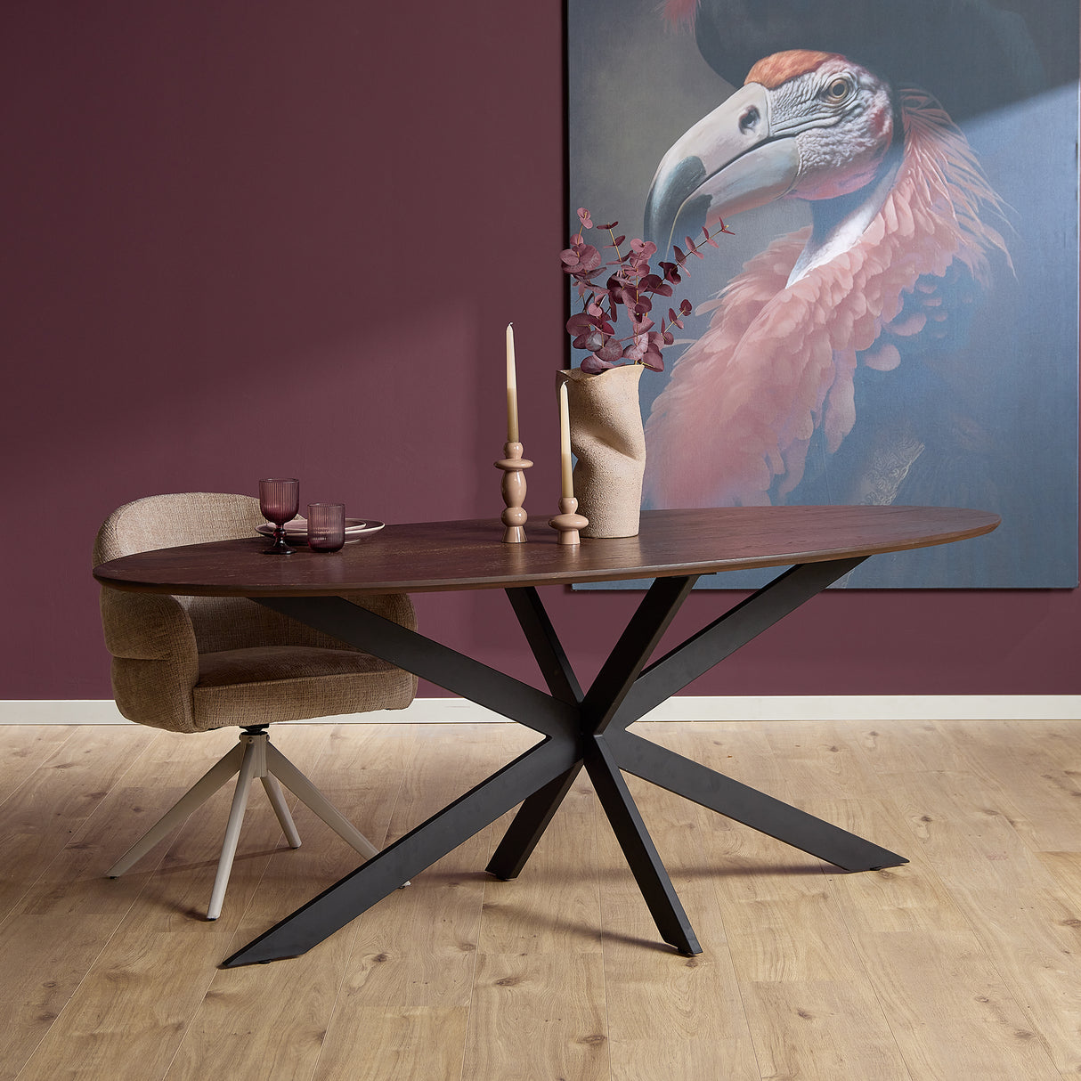 Ovale Eettafel - 180 cm - Bruin Europees Eikenhout - Zwart Stalen Designpoot