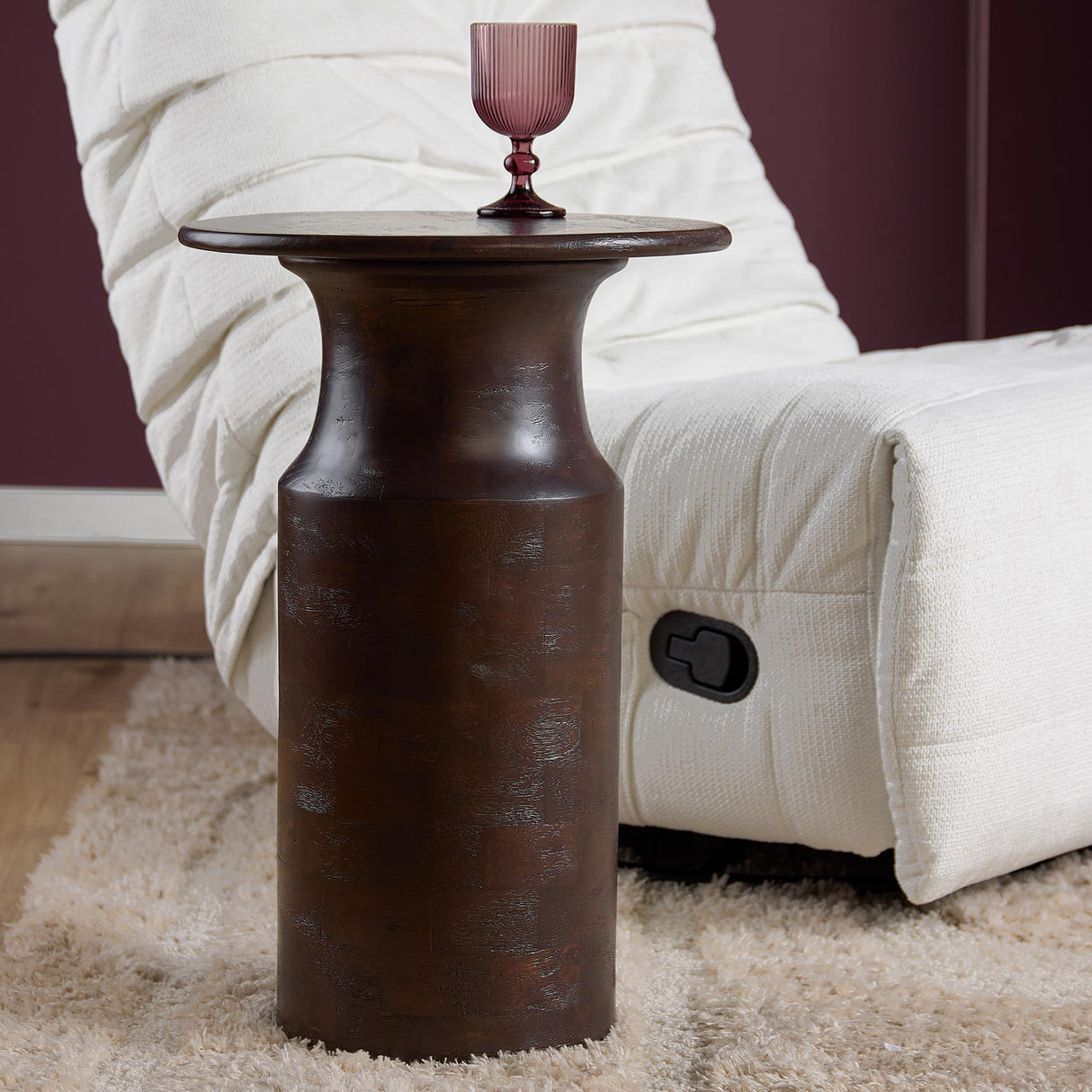 Ronde Bijzettafel - Bruin Mangohout - Modern Cilinderdesign - 60 cm Hoog