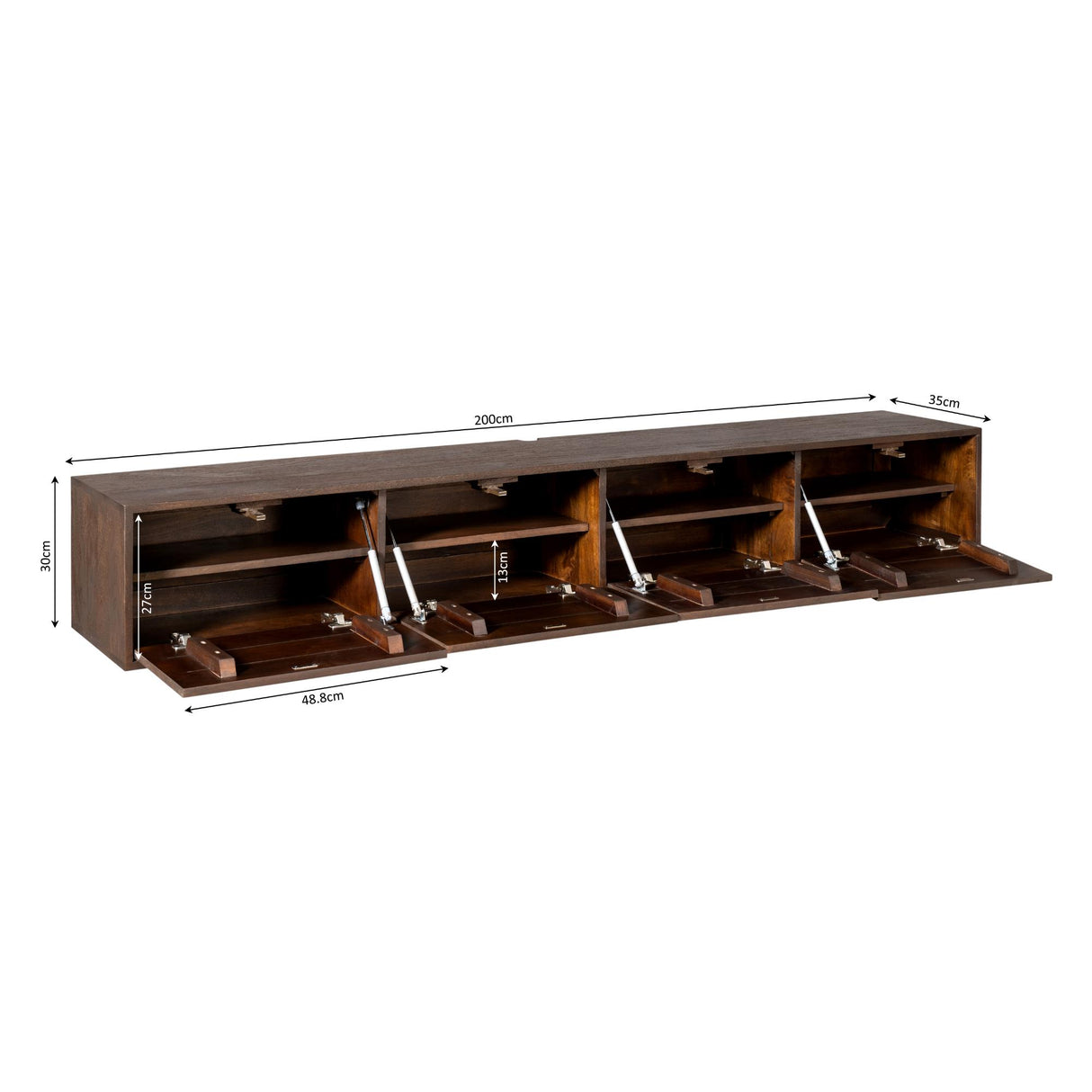 Zwevend TV-meubel - 200 cm - Bruin Mangohout - Greeploos - Push-to-Open