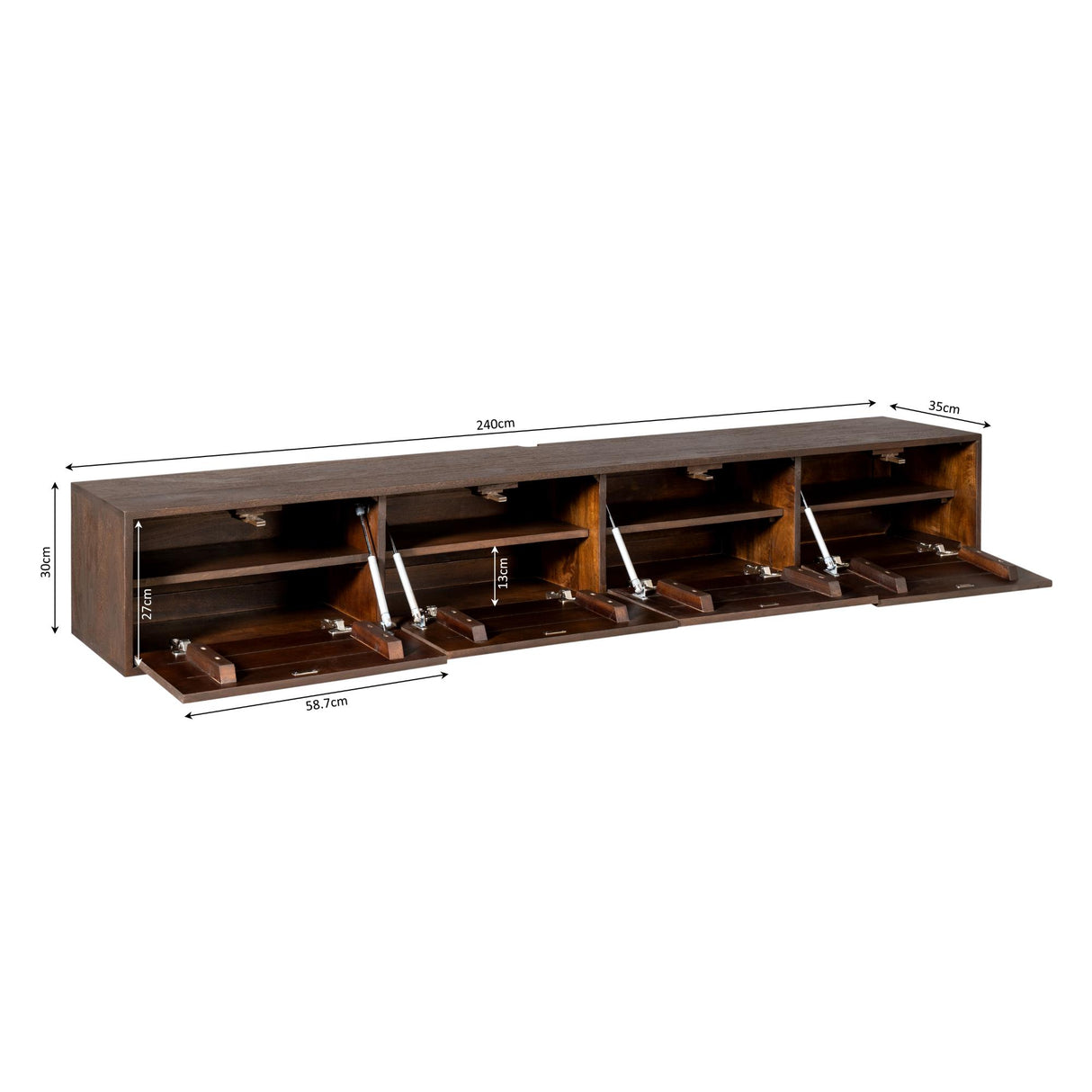 Zwevend TV-meubel - 240 cm - Bruin Mangohout - Greeploos - Push-to-Open