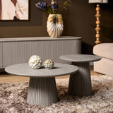 Ronde Salontafel - Taupe Mangohout - 80 cm - Lattenpatroon op Zuilpoot