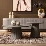 Ronde Salontafel - Taupe Mangohout - 80 cm - Lattenpatroon op Zuilpoot
