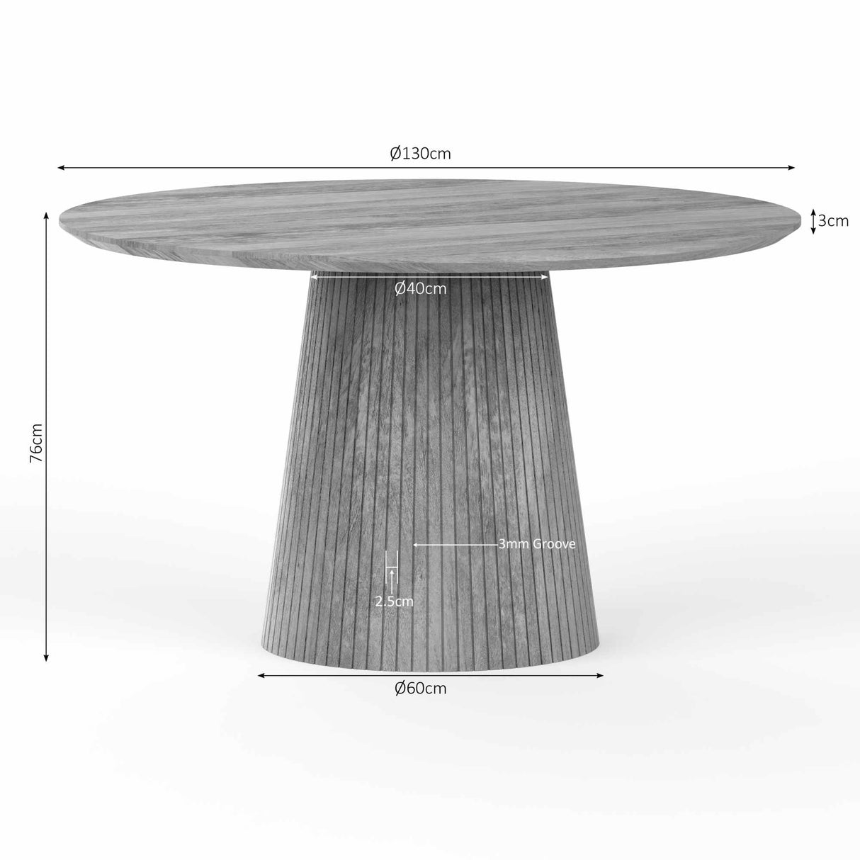 Ronde Eettafel - Taupe Mangohout - 130 cm - Lattenpatroon op Zuilpoot