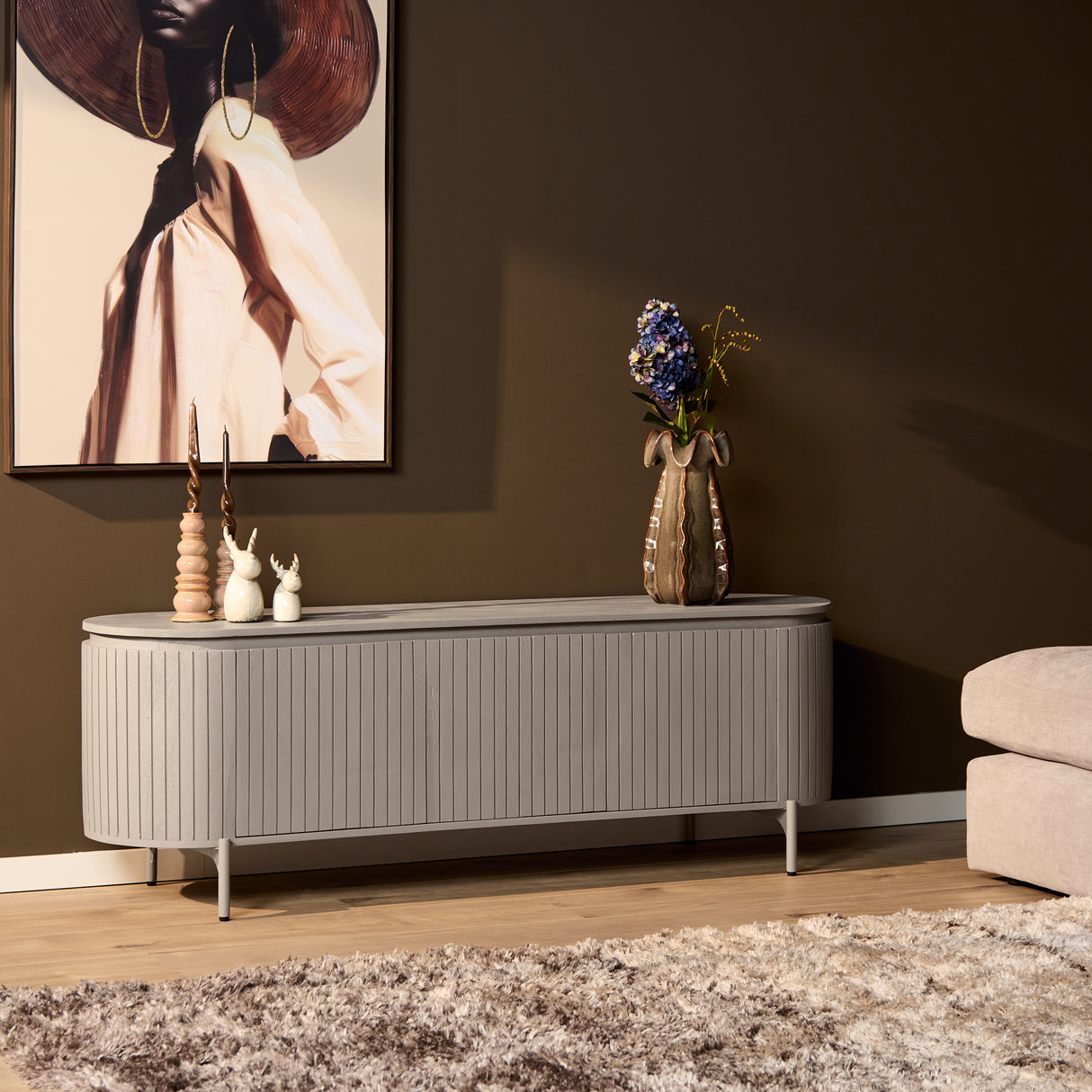 Tv-meubel - Taupe Mangohout - 165 cm - Verticaal Lattenpatroon