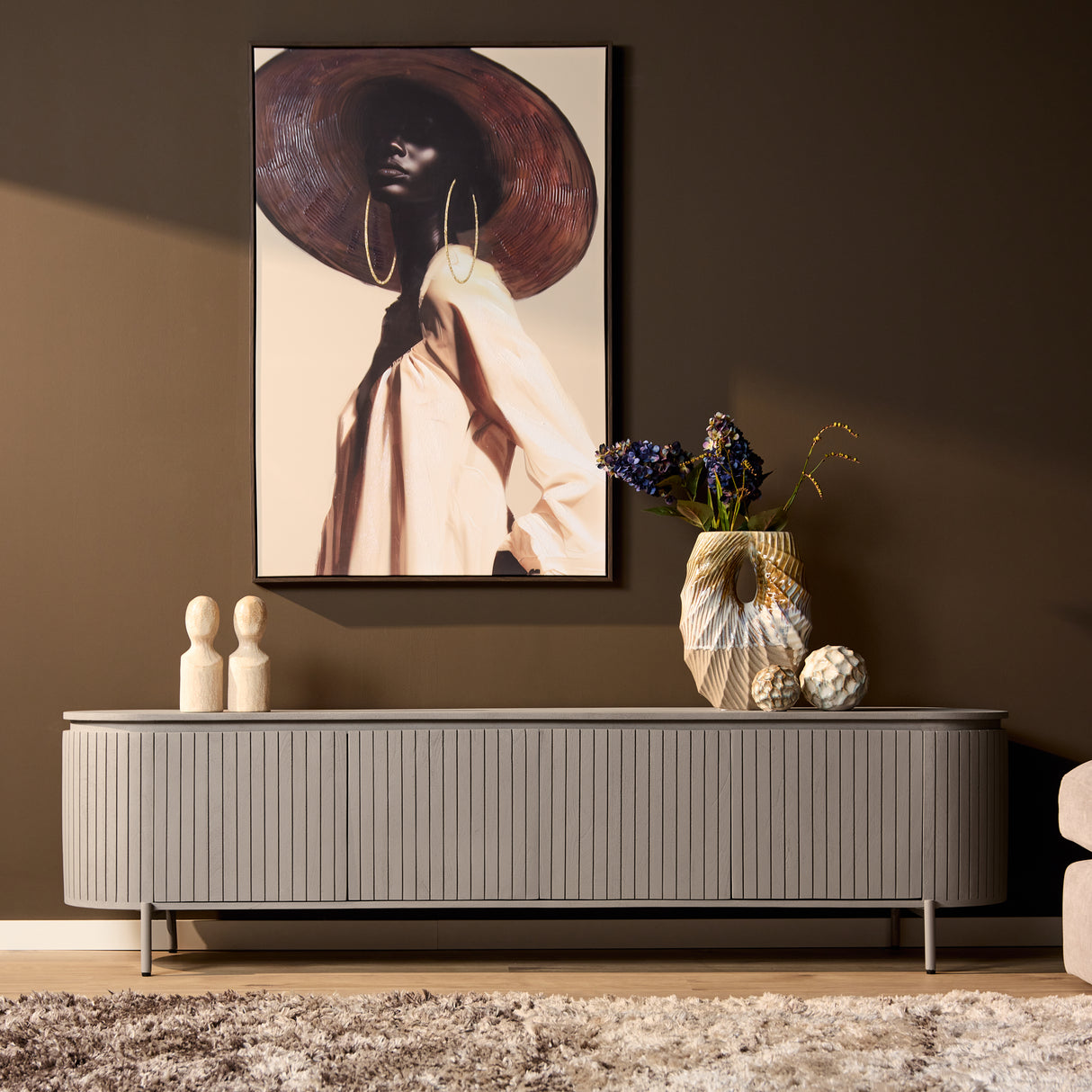 Tv-meubel - Taupe Mangohout - 210 cm - Verticaal Lattenpatroon