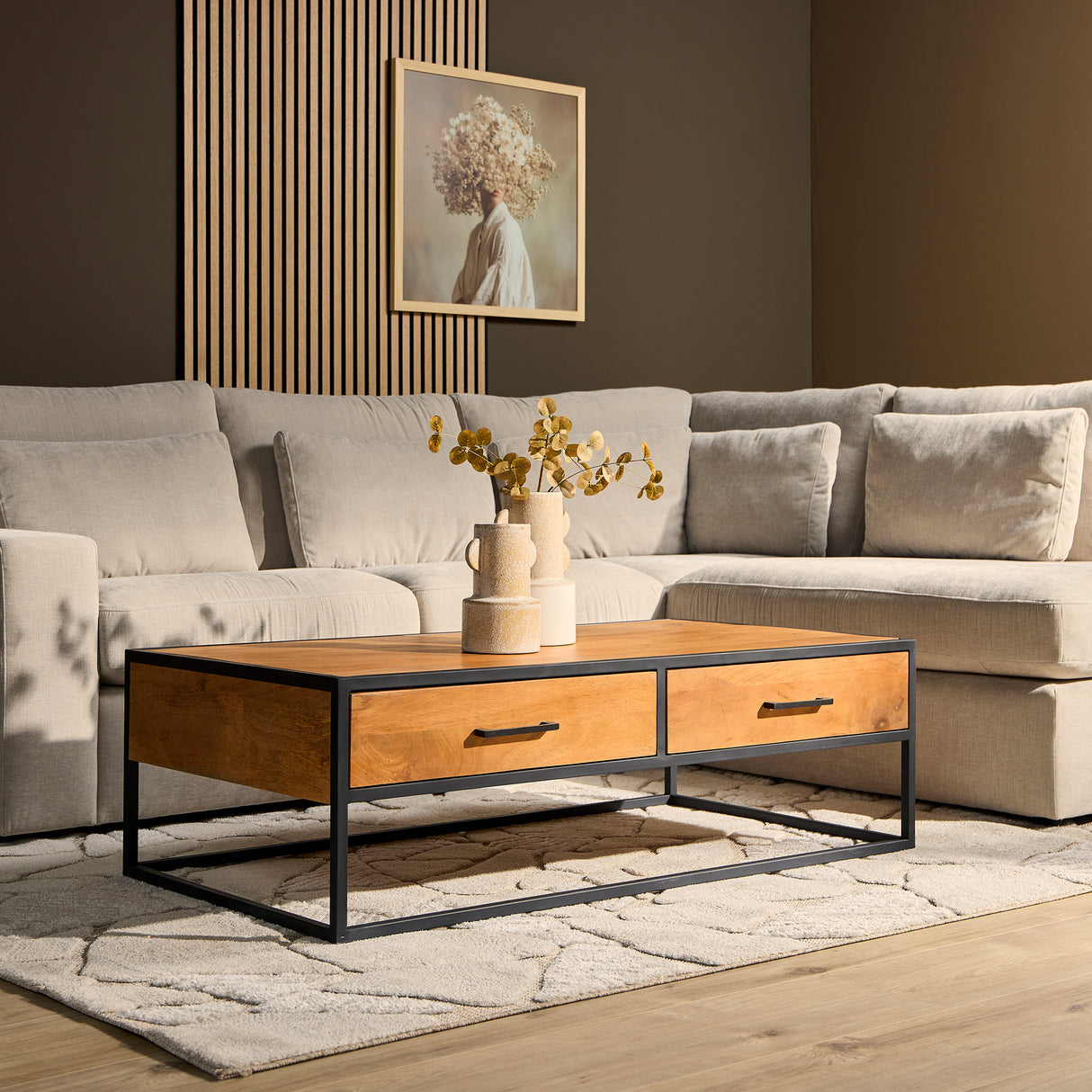 Salontafel - Naturel - Mangohout - 130 cm - 2 Lades