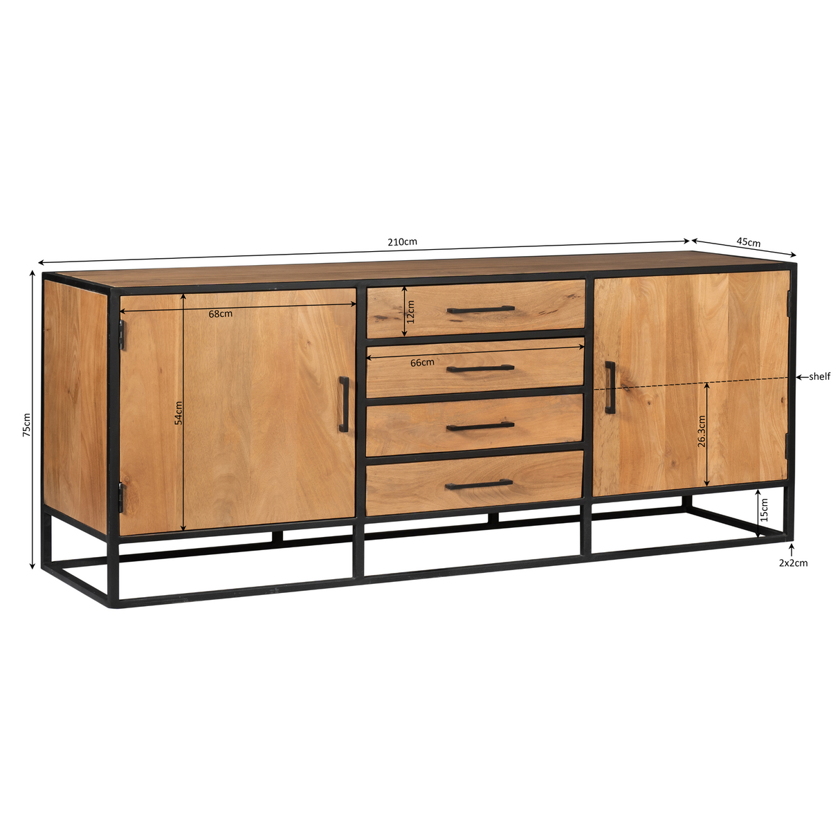 Dressoir - Naturel - Mangohout - Metaal - 210 cm - 2 Deuren - 4 Lades