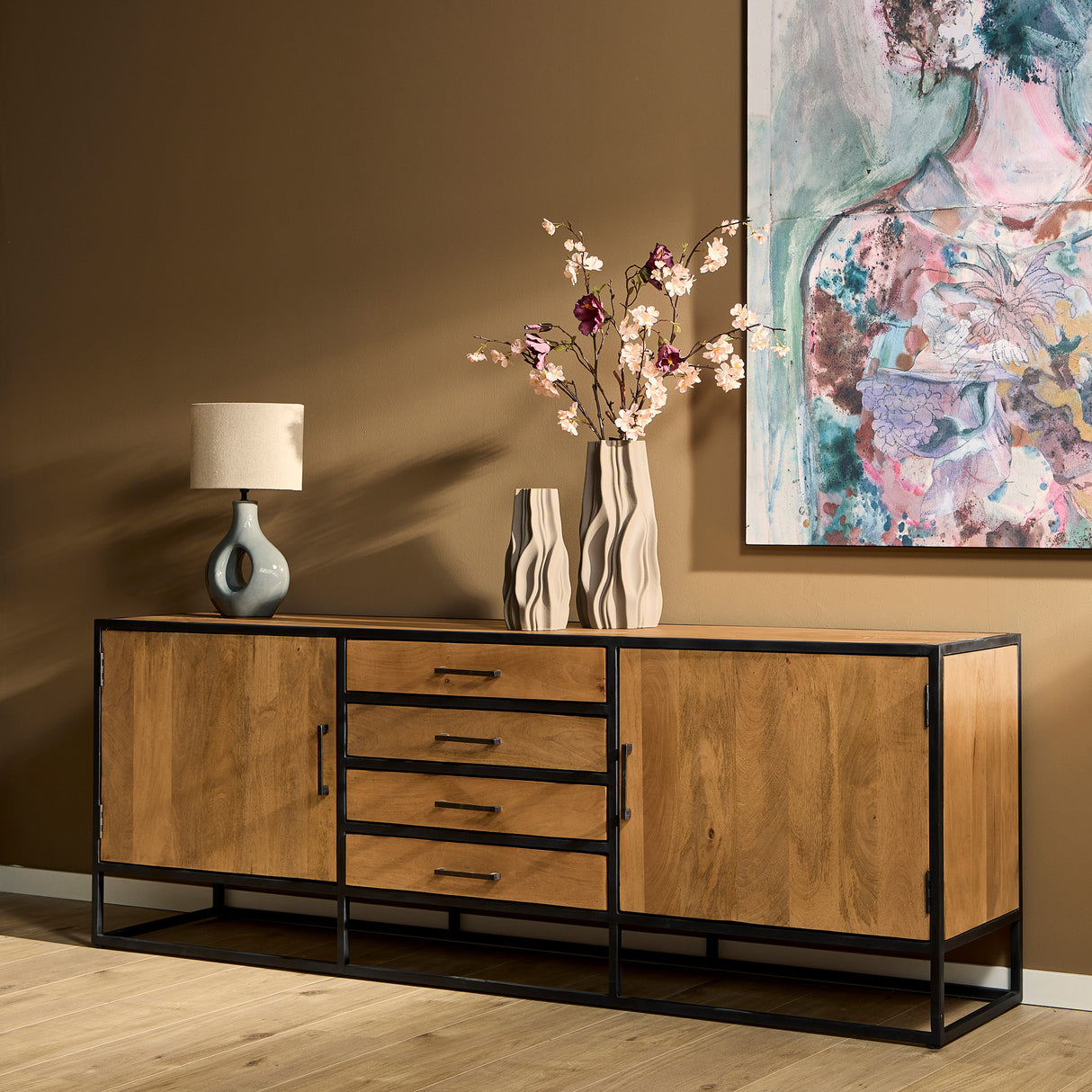 Dressoir - Naturel - Mangohout - Metaal - 210 cm - 2 Deuren - 4 Lades