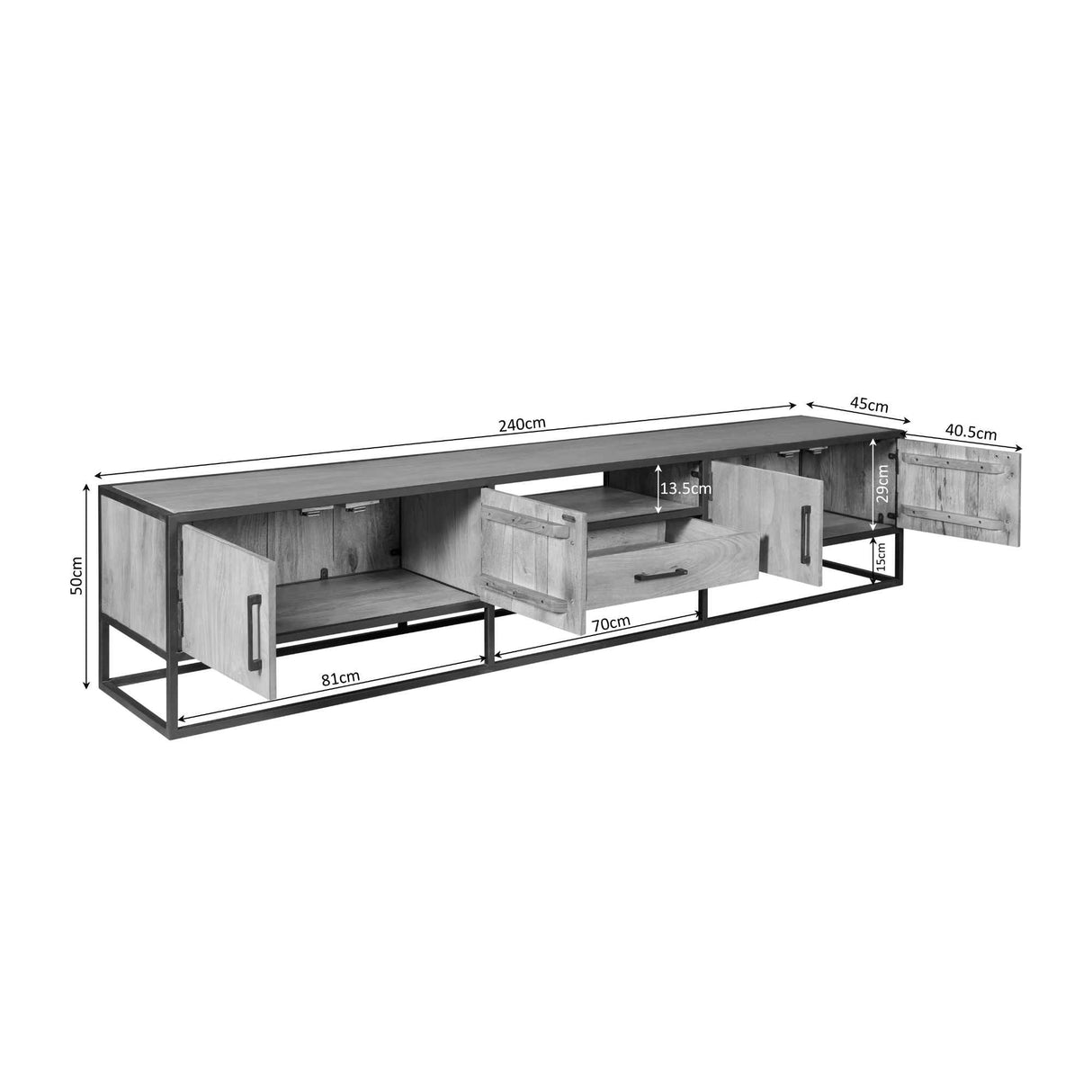 Tv-meubel - Naturel - Mangohout - Metaal - 240 cm - 4 Deuren & 1 Lade
