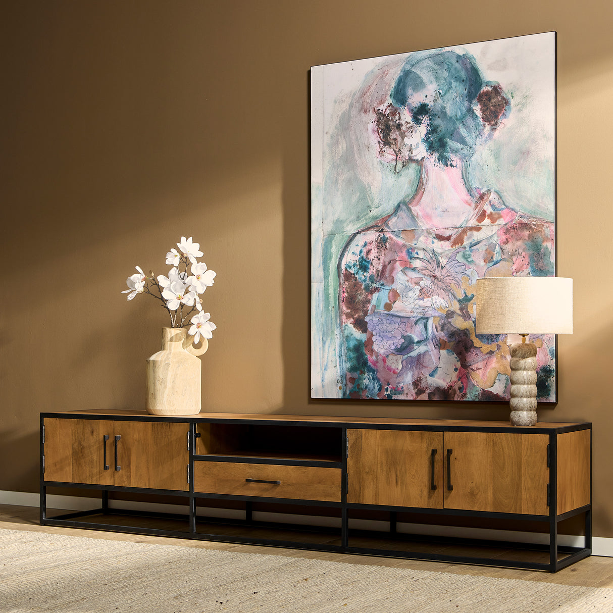 Tv-meubel - Naturel - Mangohout - Metaal - 240 cm - 4 Deuren & 1 Lade