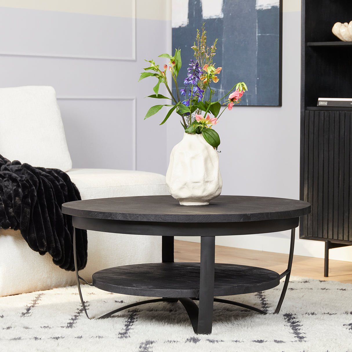 Salontafel - Rond - Zwart - Mangohout - Metaal - 70 cm
