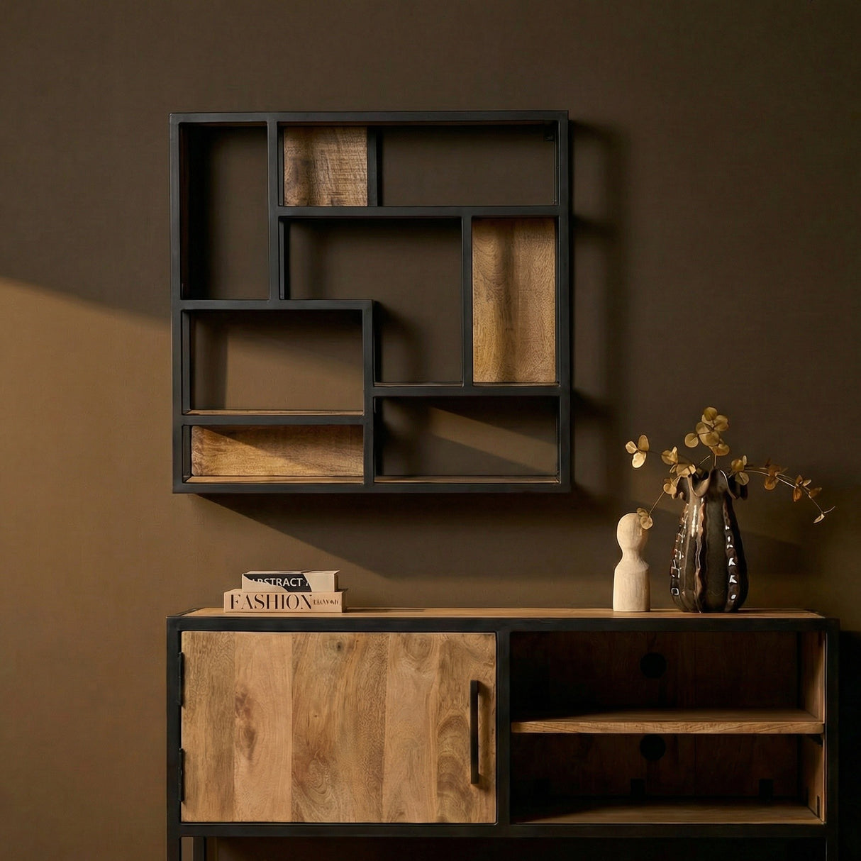 Vierkant Wandrek - Naturel Mangohout - 75x75 cm - Industrieel Metalen Frame