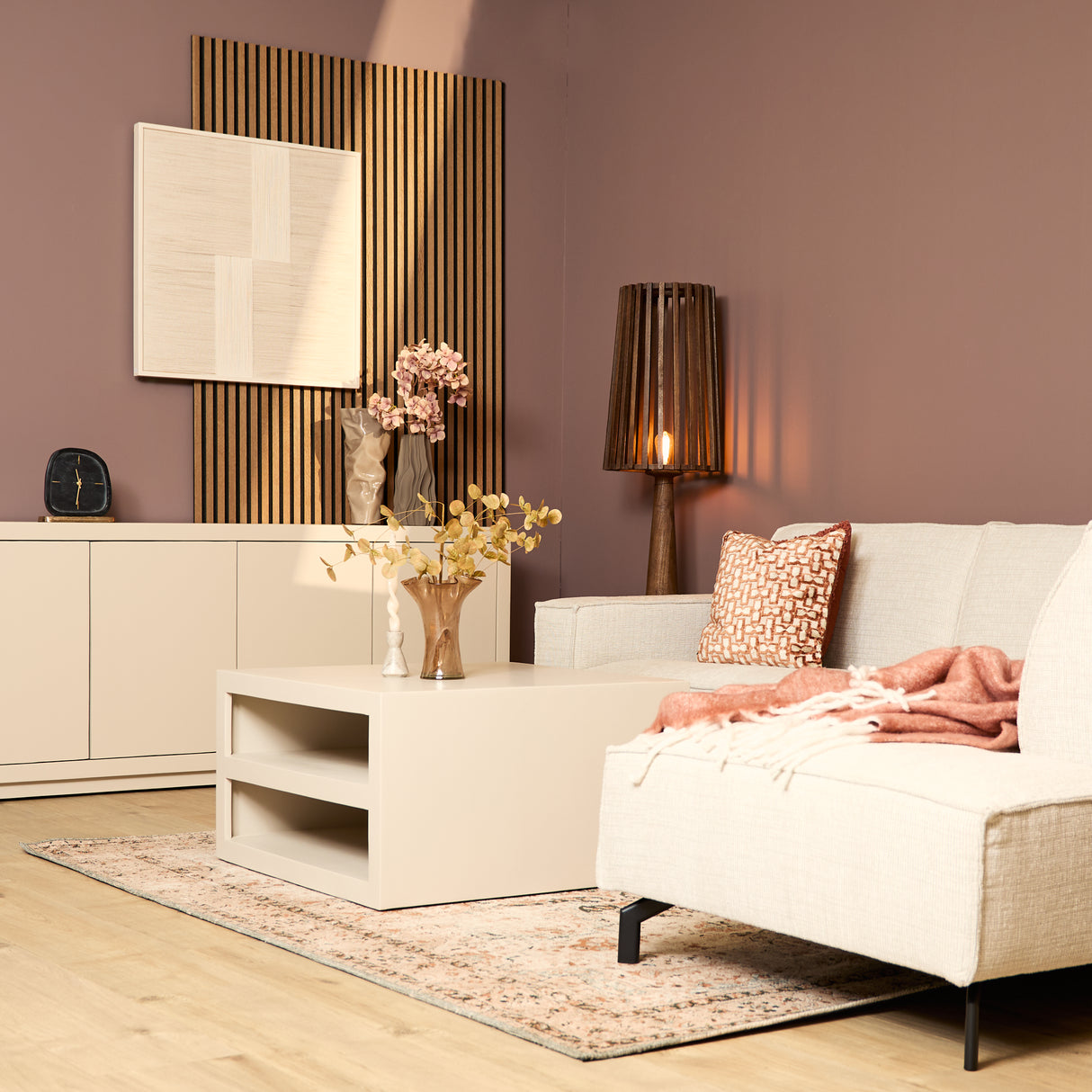 Vierkante Salontafel - Zand Mangohout - 80 cm - Modern Blokdesign met Dubbel Opbergvak