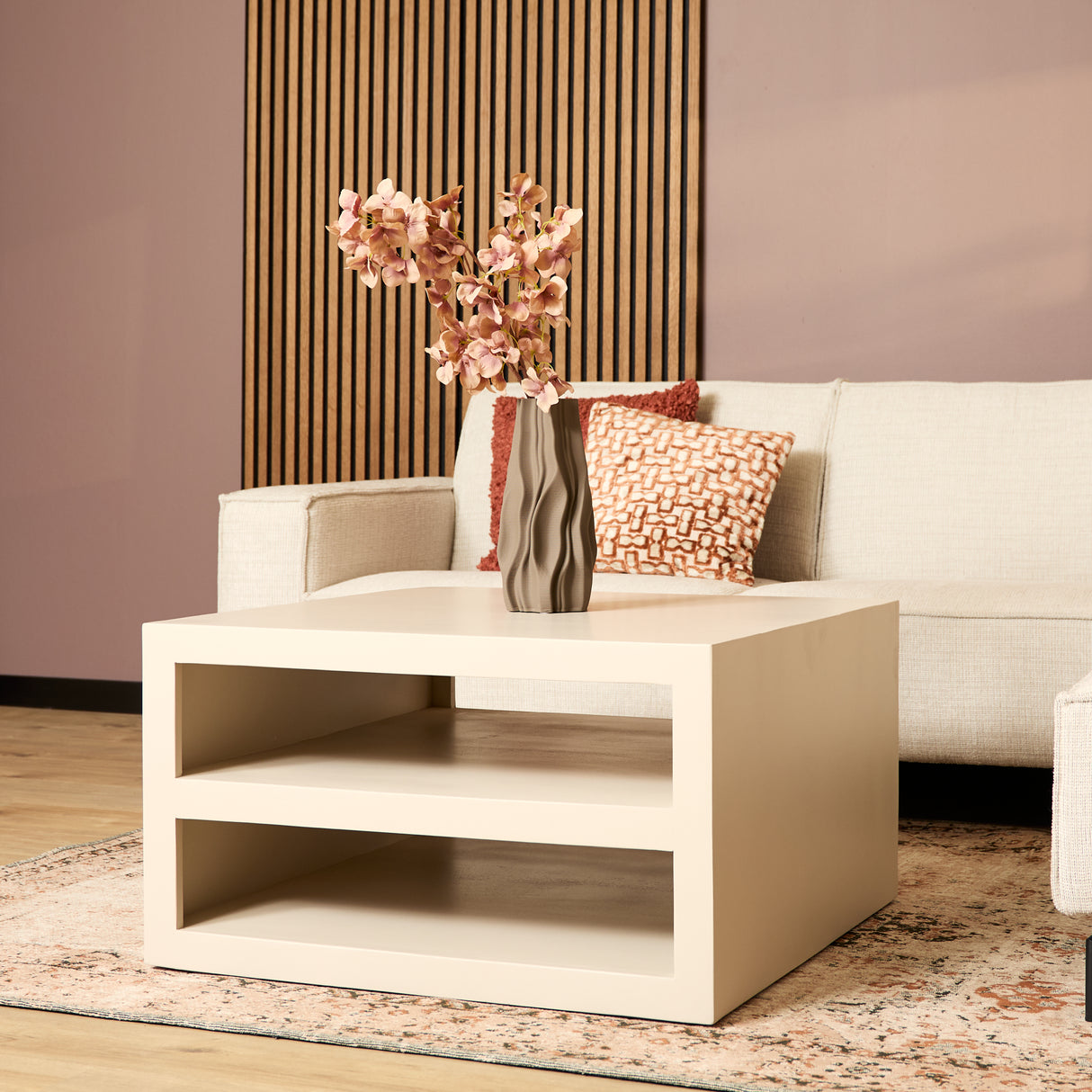 Vierkante Salontafel - Zand Mangohout - 80 cm - Modern Blokdesign met Dubbel Opbergvak