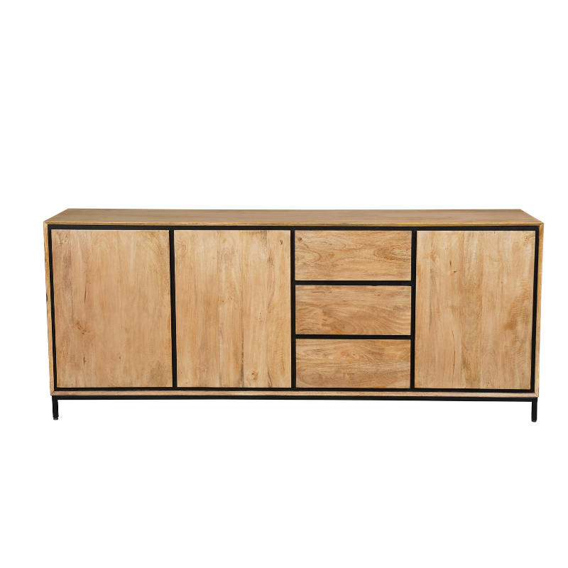 Dressoir Mangohout Natural - 210 cm - 3 Deuren & 3 Lades - Greeploos