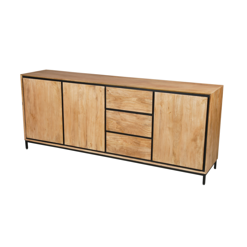 Dressoir Mangohout Natural - 210 cm - 3 Deuren & 3 Lades - Greeploos