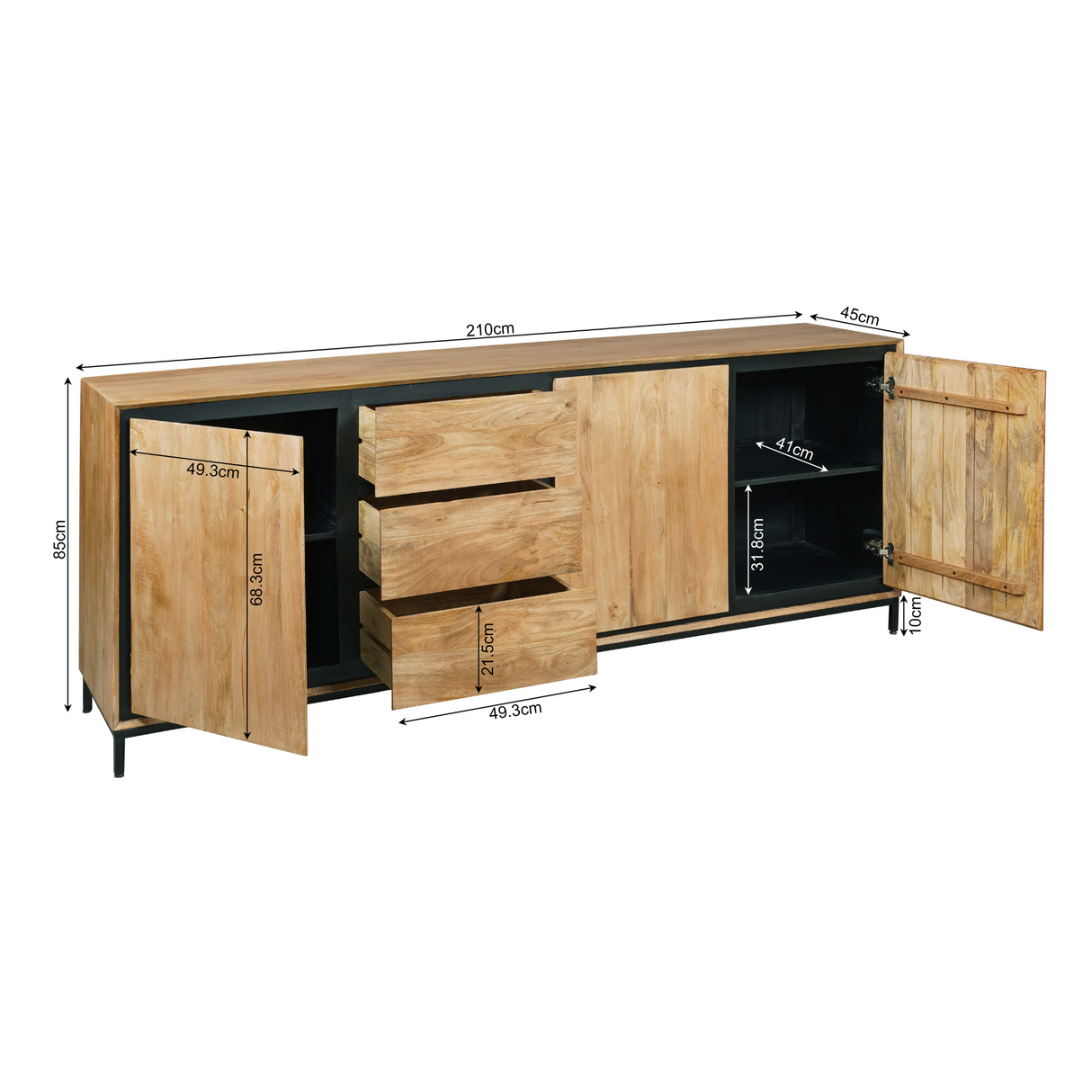 Dressoir Mangohout Natural - 210 cm - 3 Deuren & 3 Lades - Greeploos