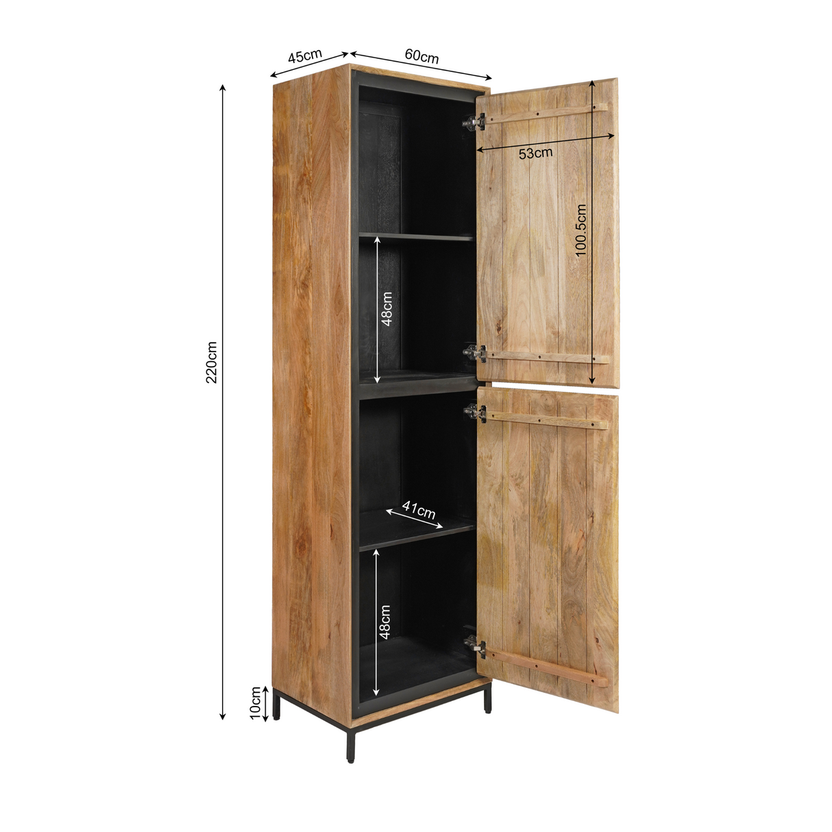Opbergkast Naturel Mangohout - 60 cm - Twee Greeploze Deuren en Metalen Onderstel