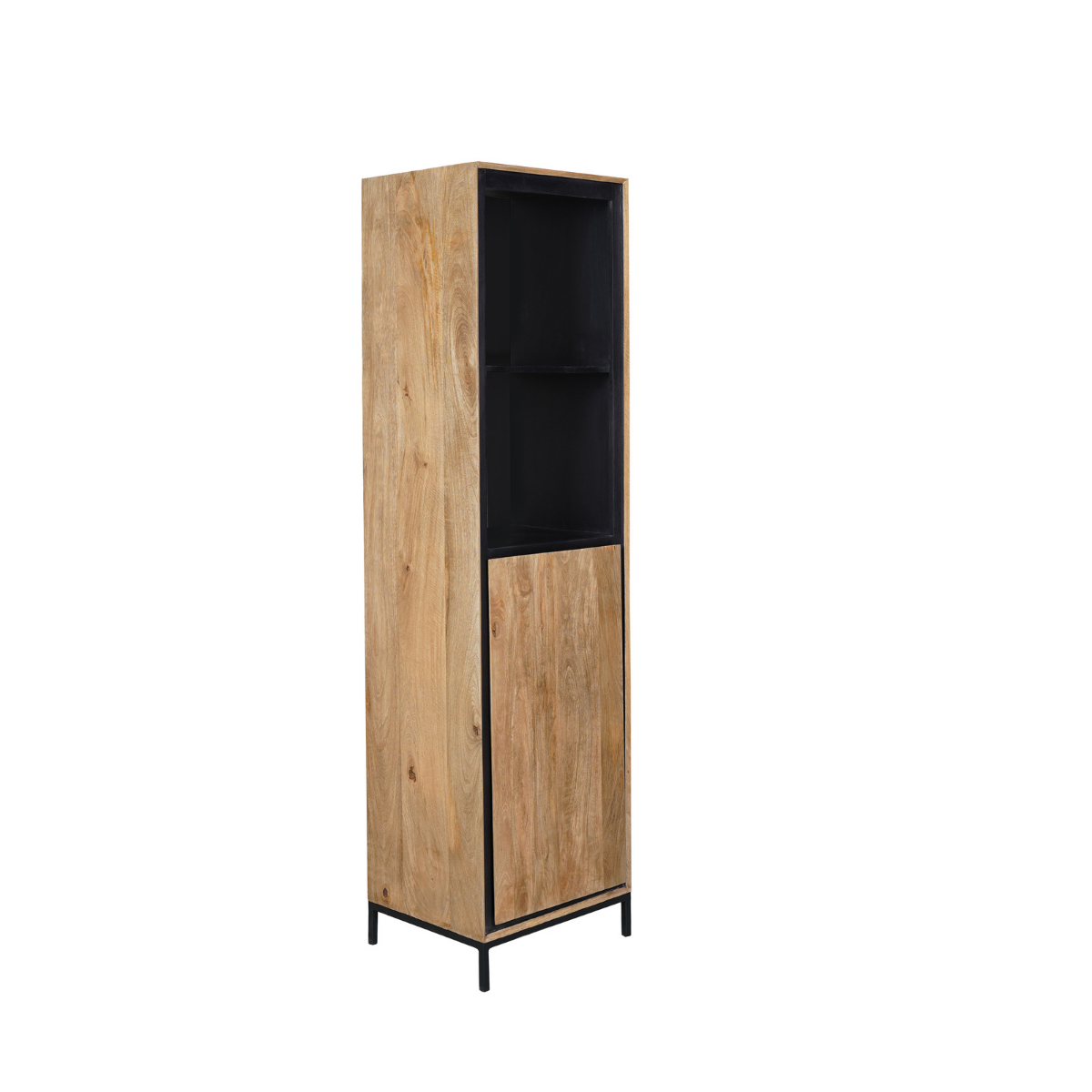 Boekenkast Naturel Mangohout - 60 cm - 220 cm Hoog - Inclusief Deur en Open Vakken