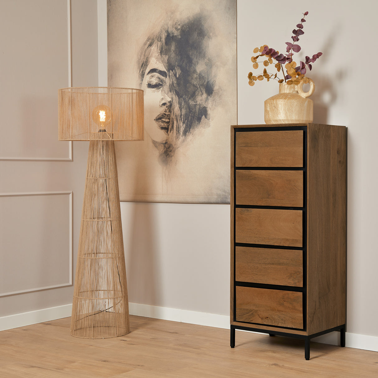 Ladekast Naturel Mangohout - 50 cm - 5 Greeploze Lades