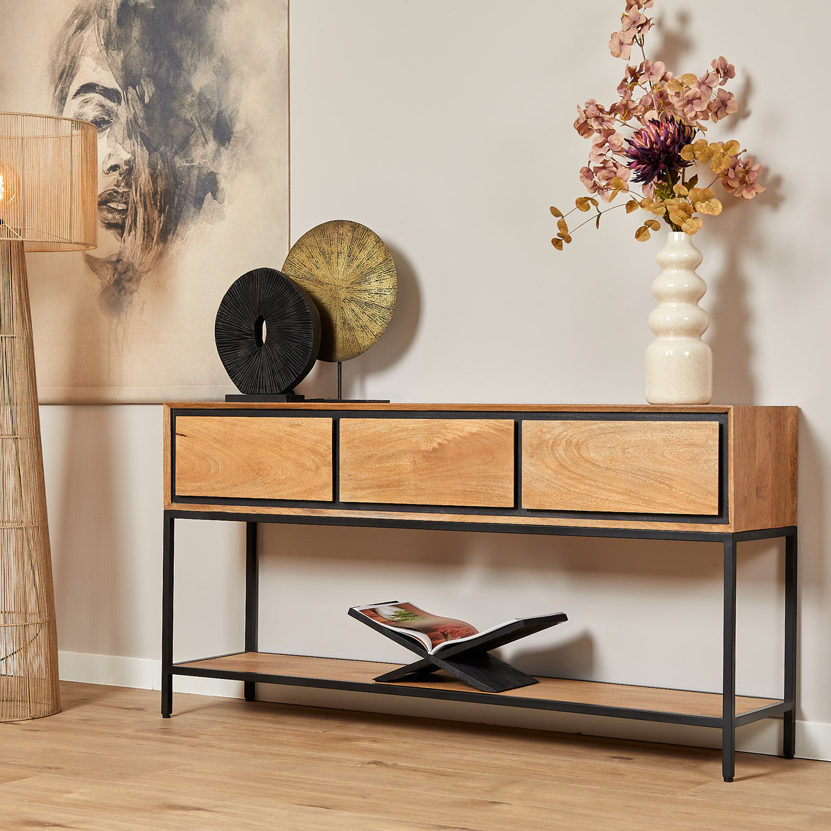 Sidetable Naturel Mangohout - 150 cm - 3 Greeploze Lades en Legplank