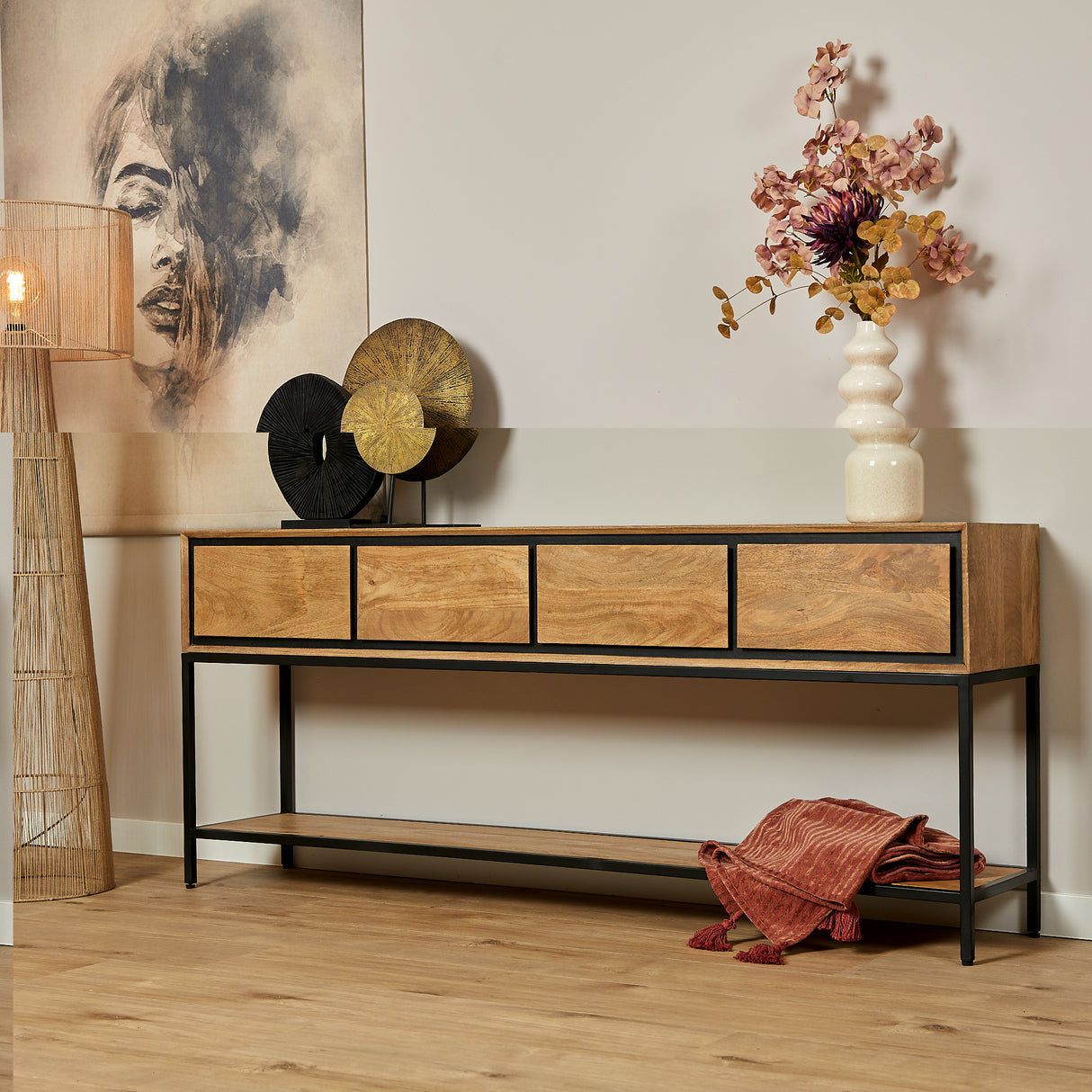 Sidetable Naturel Mangohout - 180 cm - 4 Greeploze Lades en Legplank