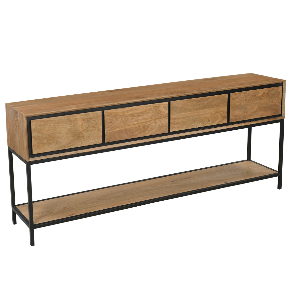 Sidetable Naturel Mangohout - 180 cm - 4 Greeploze Lades en Legplank