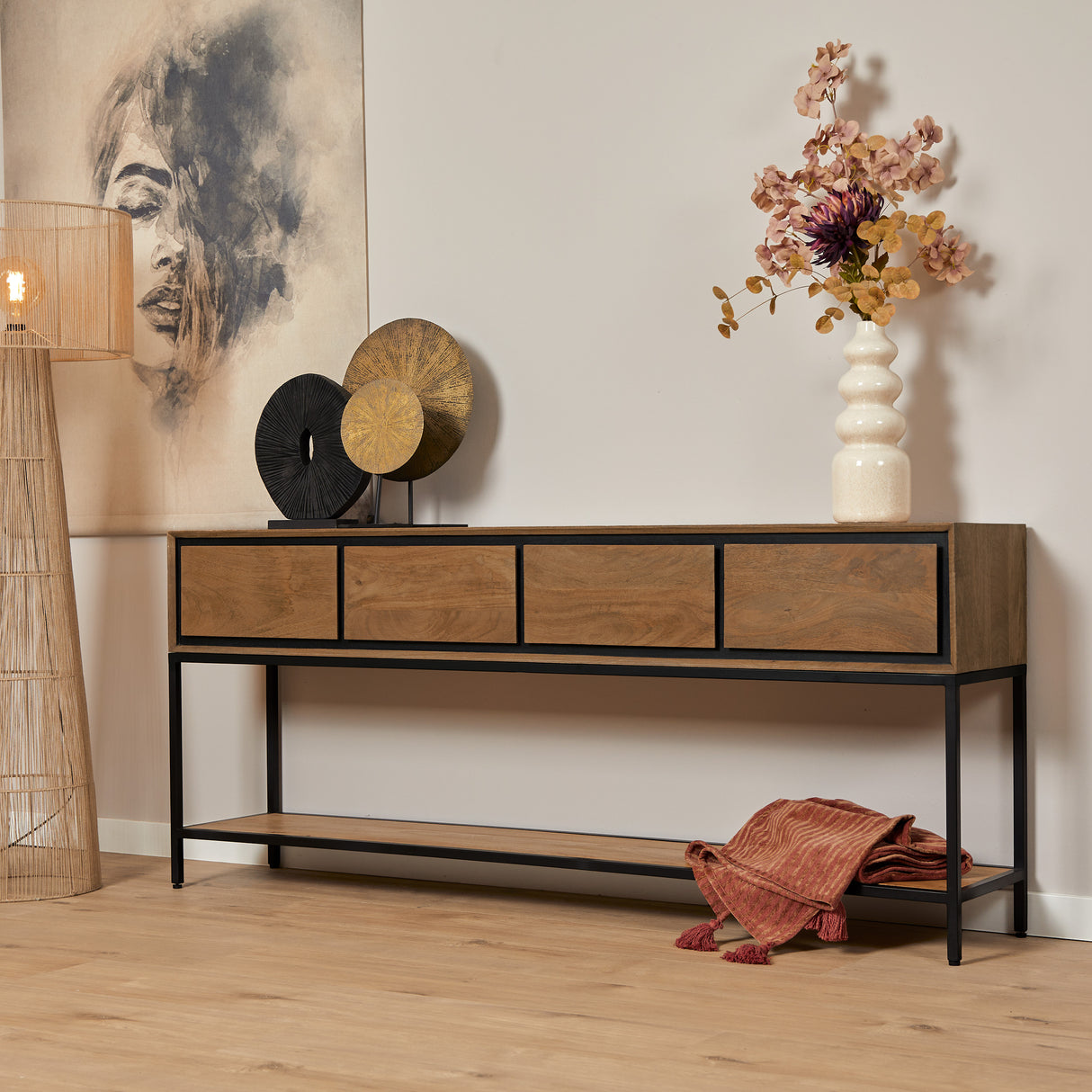 Sidetable Naturel Mangohout - 180 cm - 4 Greeploze Lades en Legplank
