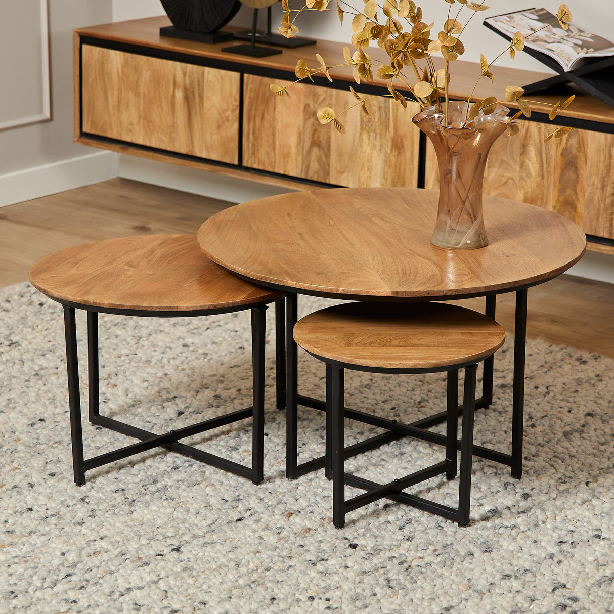 Ronde Salontafel Naturel Mangohout - Set van 3 - 70 cm