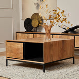 Vierkante Salontafel Naturel Mangohout - 80 cm - Inclusief Lades en Open Vak